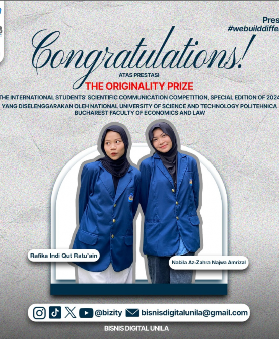 mahasiswa Bisnis Digital Universitas Lampung meraih The Originality Prize pada International Student’s Scientific Communication Competition
