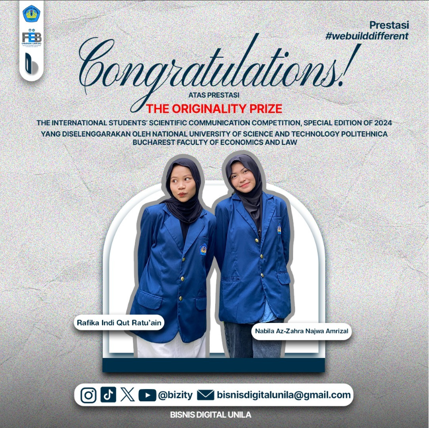 mahasiswa Bisnis Digital Universitas Lampung meraih The Originality Prize pada International Student’s Scientific Communication Competition