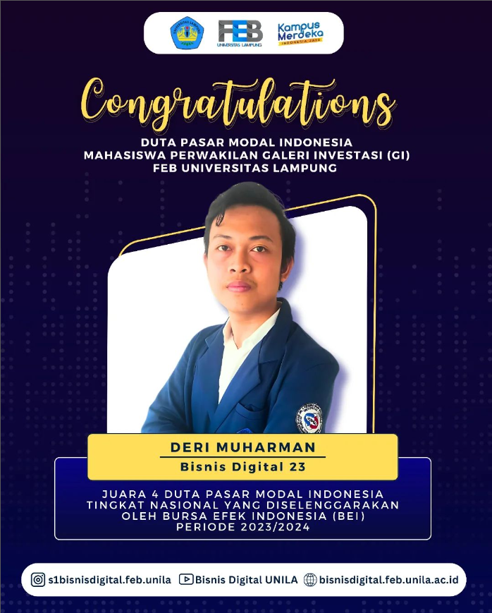 Mahasiswa Bisnis Digital FEB UNILA Meraih juara 4 Duta Pasar Modal Indonesia tingakat nasional